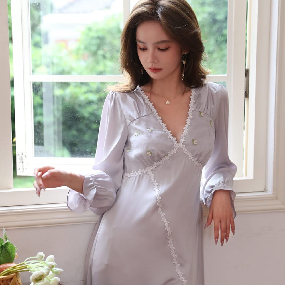 Nachthemd,Damen-Nachthemden Grauer Satin V-Ausschnitt Blumenspitze Schlitz Sexy Schlafhemd Weiches, Bequemes Nachthemd Mit Langen Ärmeln, Loungewear Für Damen, Mädchen, Pyjama-Party, Weihnachts-N