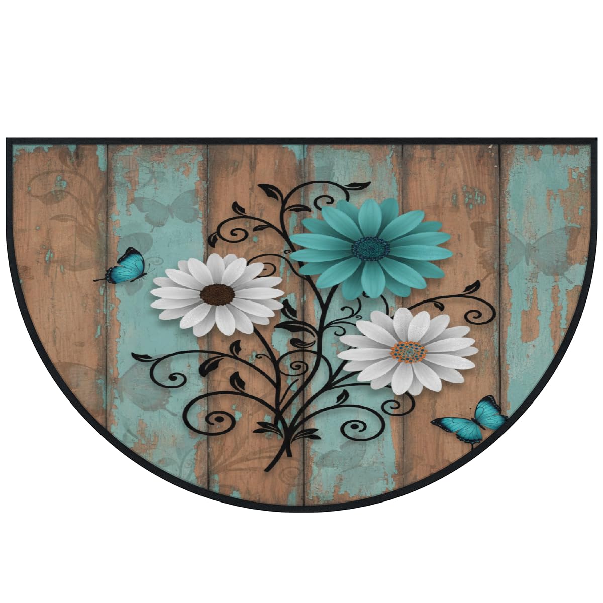 Große halbrunde Fußmatte – Blaues Blumenmuster, Schmetterlingskunst, waschbar, rutschfest, halbrund, Eingangsbereich, Teppich, niedlich, weich, halbrund, saugfähig, Teppich für Küche