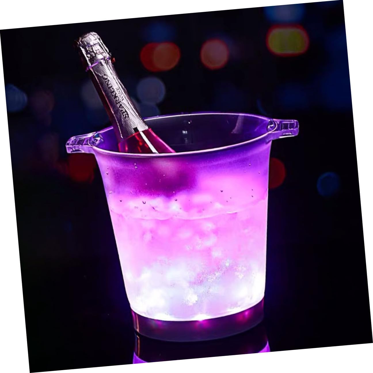 PRETYZOOM LED Light-up round Ice Bucket with Dual Handles, Frosted Battery-powered Beer Cooler and Wine Chiller for Bars, Ktv, and Party Use