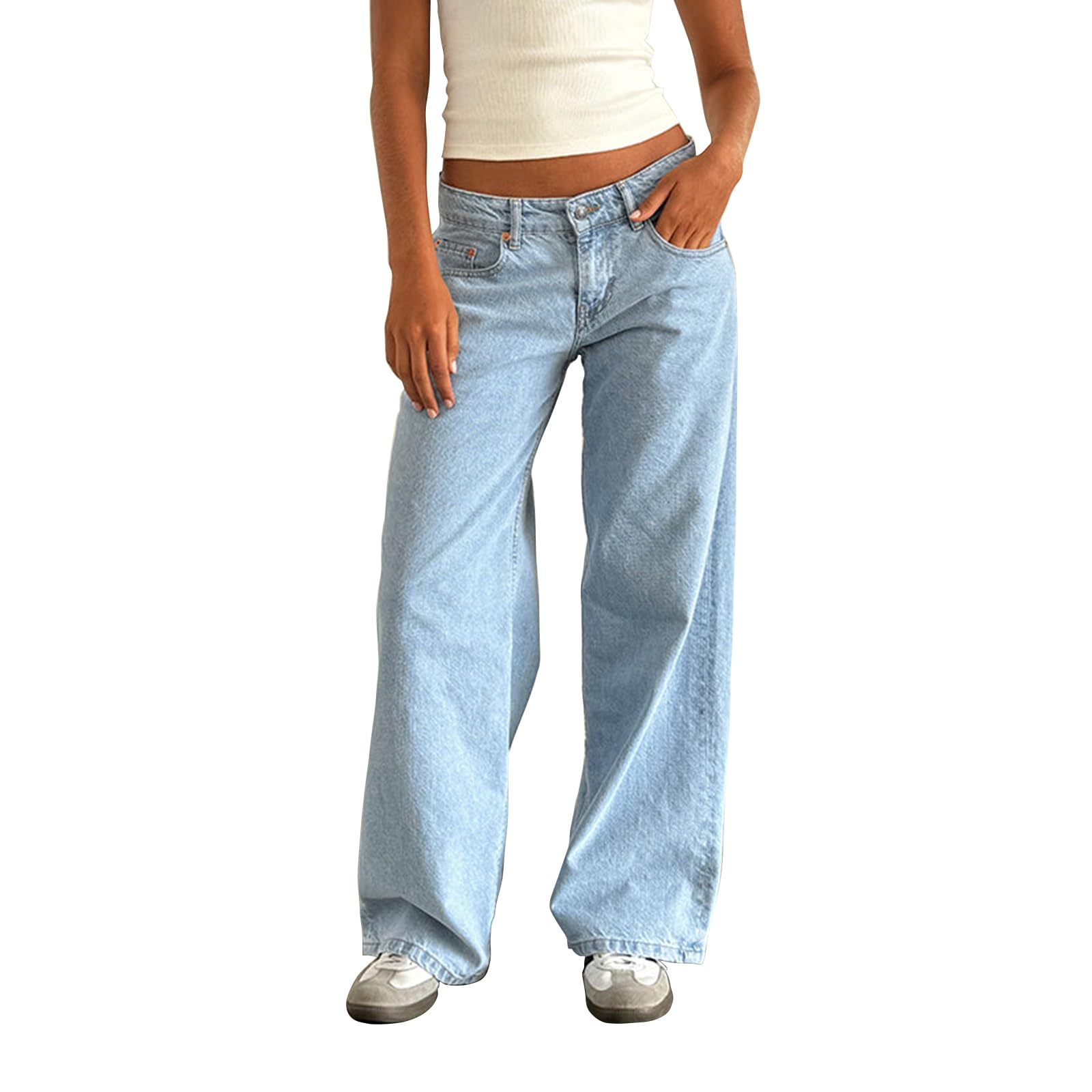 YnocfriWomen Baggy Jeans Boyfriend Low Rise Straight Wide Leg Stretchy Boyfriend Jeans Y2k Loose Ankle Denim Pants