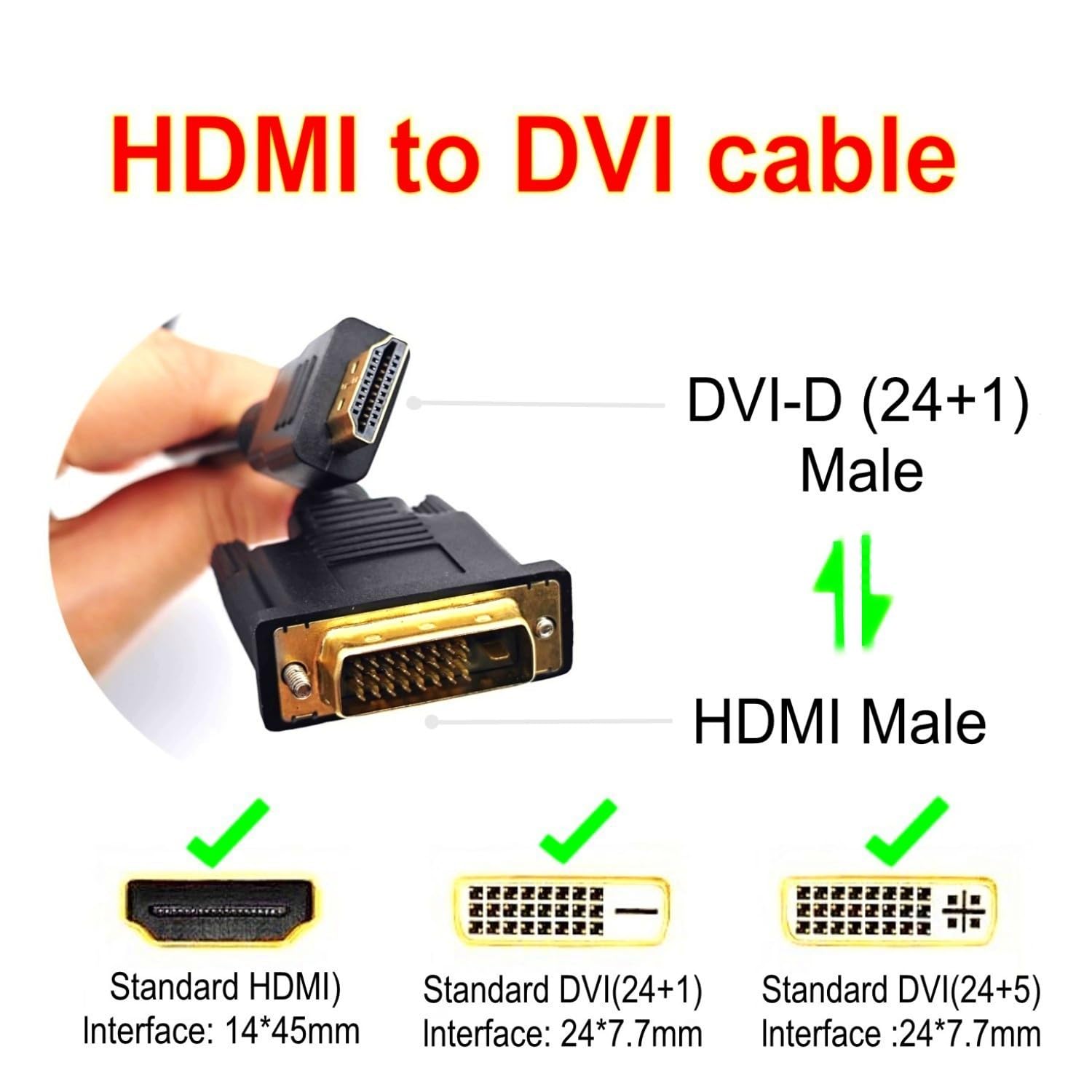 JZK 1M Cavo HDMI a DVI, bidirezionale placcato oro 1080P, cavo convertitore adattatore da HDMI maschio a DVI maschio per proiettore, laptop, TV, PC, lettore DVD