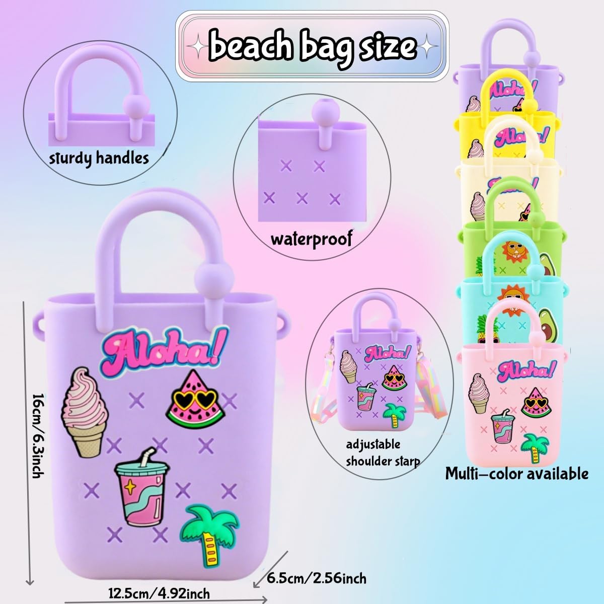 Mini Silicone Tote Bag, Rubber Beach Tote with Adjustable Strap &22 Cute Decorations for Little Girl & Woman - Image 5