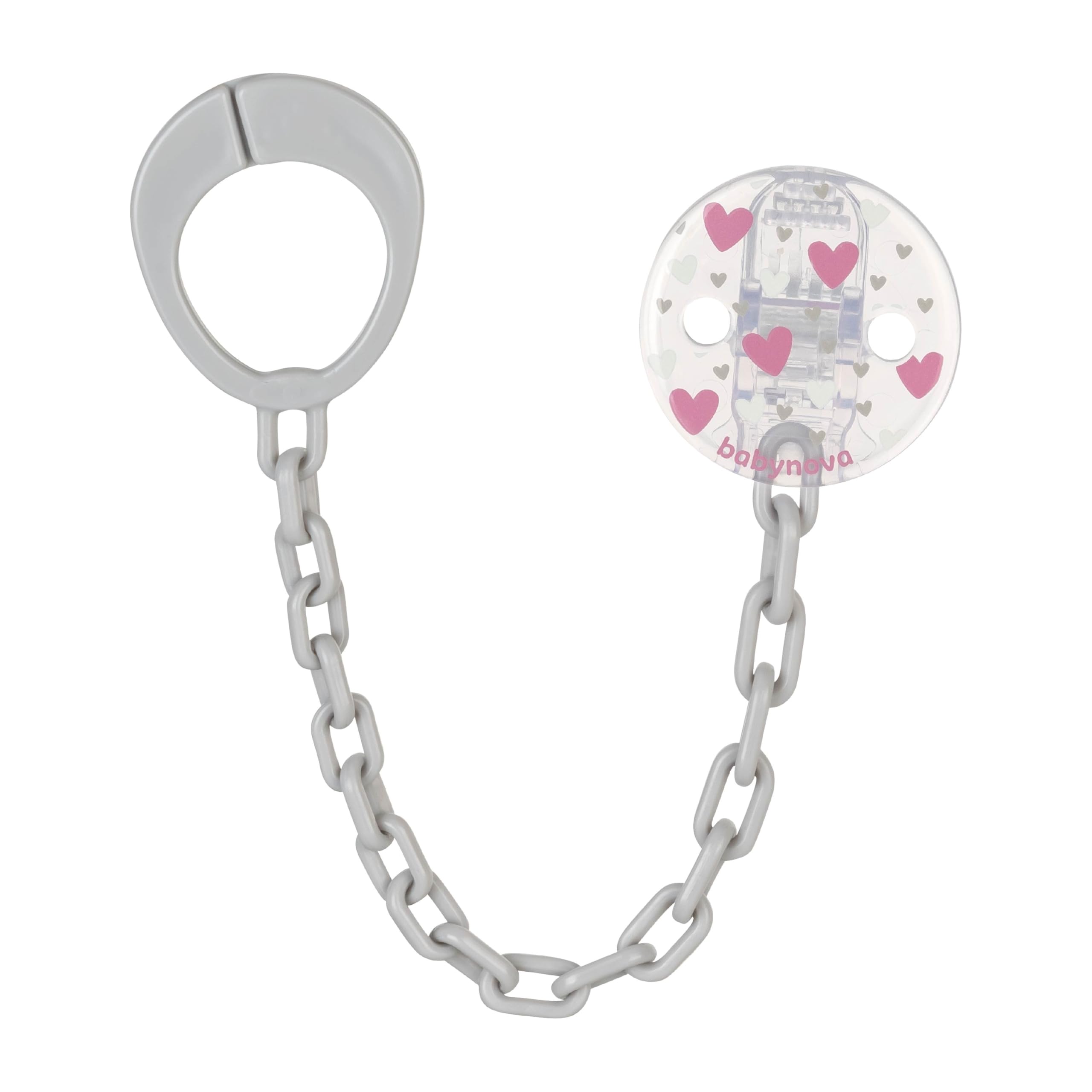 babynova Schnullerkette mit Clip - Schnullerhalter kompatibel mit Schnullern mit Ring - Kinderwagen Zubehör - BPA-frei - Rosa Herzen