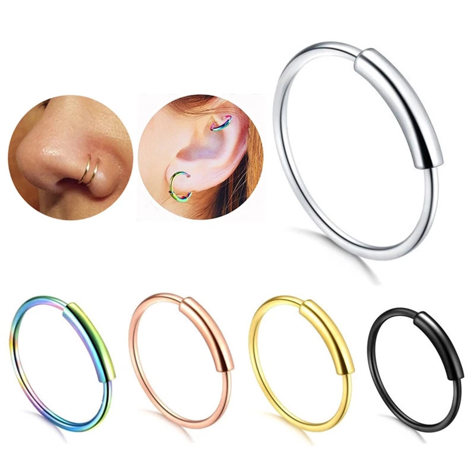 WBDWWTD Anello da Naso in Acciaio Chirurgico 22G, Confezione di Anelli da Naso da 10 Pezzi Orecchini Piercing per Donna Cerchio Semplice 6/8/10 mm