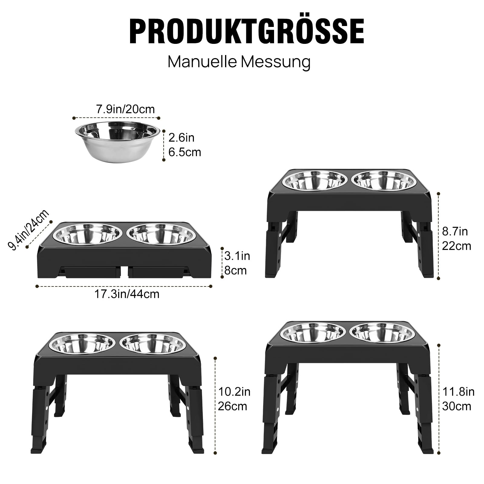 Comedero para perros de altura ajustable, con 2 cuencos de acero inoxidable de 1200 ml, comedero elevado, para perros medianos y grandes, 4 niveles de alimentación regulables, color negro