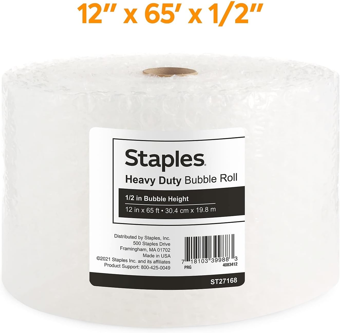 Staples Heavy‑Duty Bubble Cushioning Roll, 1/2” Large Bubble, 12” x 65’, High‑Impact Protection for Fragile Shipping Items
