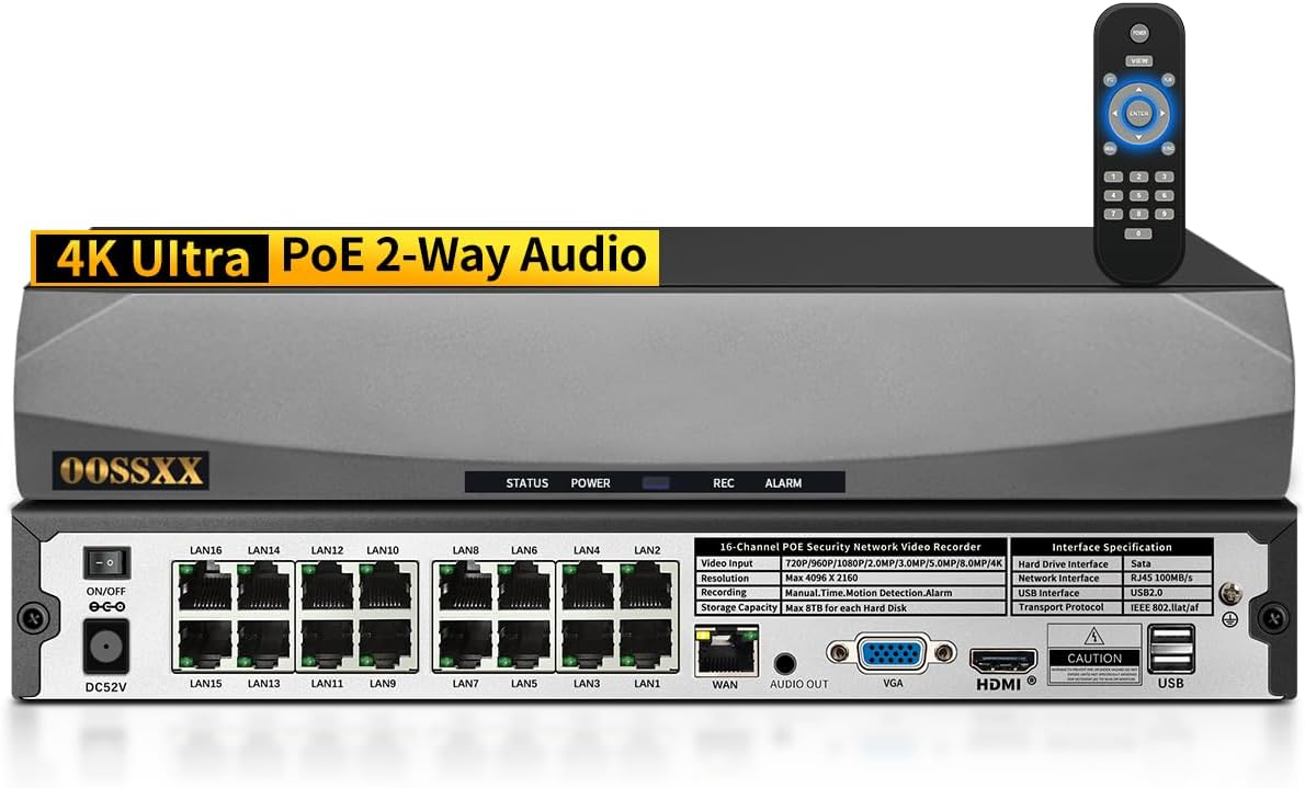 OOSSXX 8.0/4K Megapixel 16-Channel POE NVR Network Video Recorder, Supports up to 16 x 8MP/4K IP Cameras, Max to 8TB Hard Drive (NO HDD)