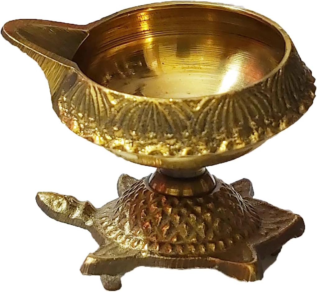 PARIJAT HANDICRAFT Handmade Indian puja Golden Oil lamp for Diwali Pooja Article akhand Diya for Pooja Handmade Indian puja Brass Oil lamp Design Diya with Turtle Base