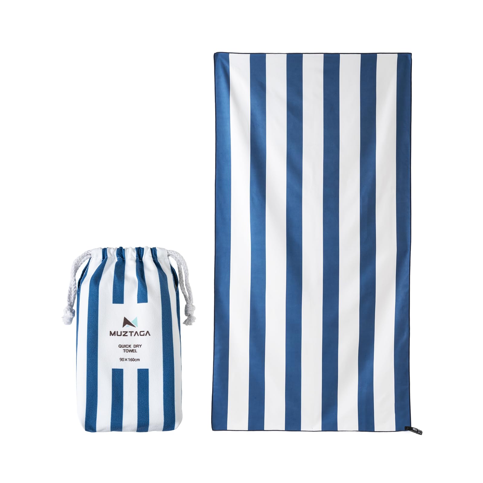 Muztaga Microfibre Beach Towel - Sand Free, Quick Dry, Large 160 x 90 cm Striped Pool Towels for Adults & Kids, Lightweight Compact Travel Towel with Bag for Holiday & Gym (Navy Blue) — image 1