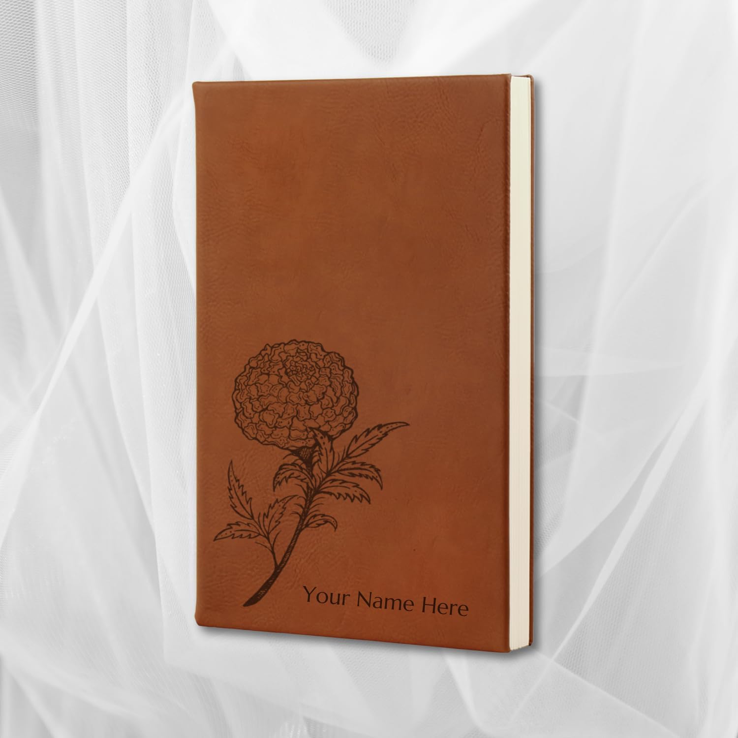 Personalized Gift Hardcover Leather Journal, Diary, Sketchbook, Notebook, custom cover original art birthflower 12 design, custom laser engraved text, 7 colors (Purple, Lined or Blank)