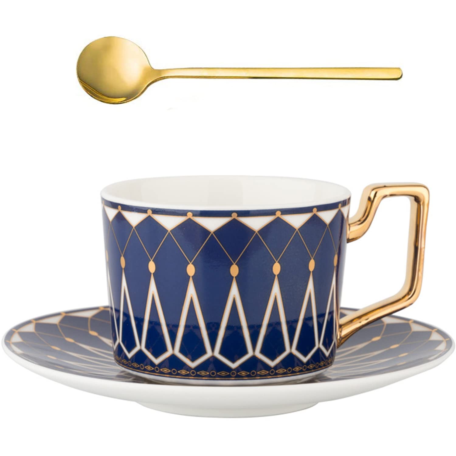 OneUstar Tea Cup and Saucer Set for 1 Ceramic Teacup 7.4oz Coffee Cup Mug with Spoon for Latte, Cappuccino Father's Day Gift, Blue