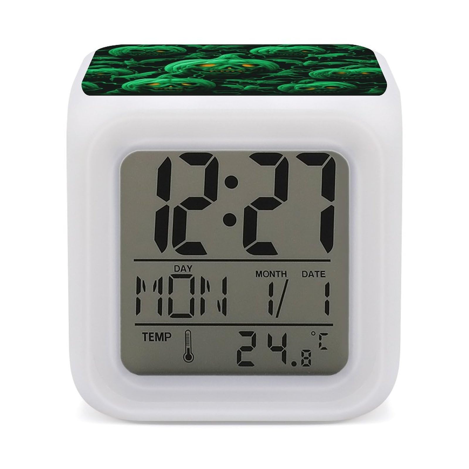 JTREHY Green Ghost Horror Halloween Pumpkin Alarm Clock Seven Color Night Light Digital Clock Precision Reliable Alarms Clocks for Bedroom Heavy Sleepers Adults Gift for Men and Women