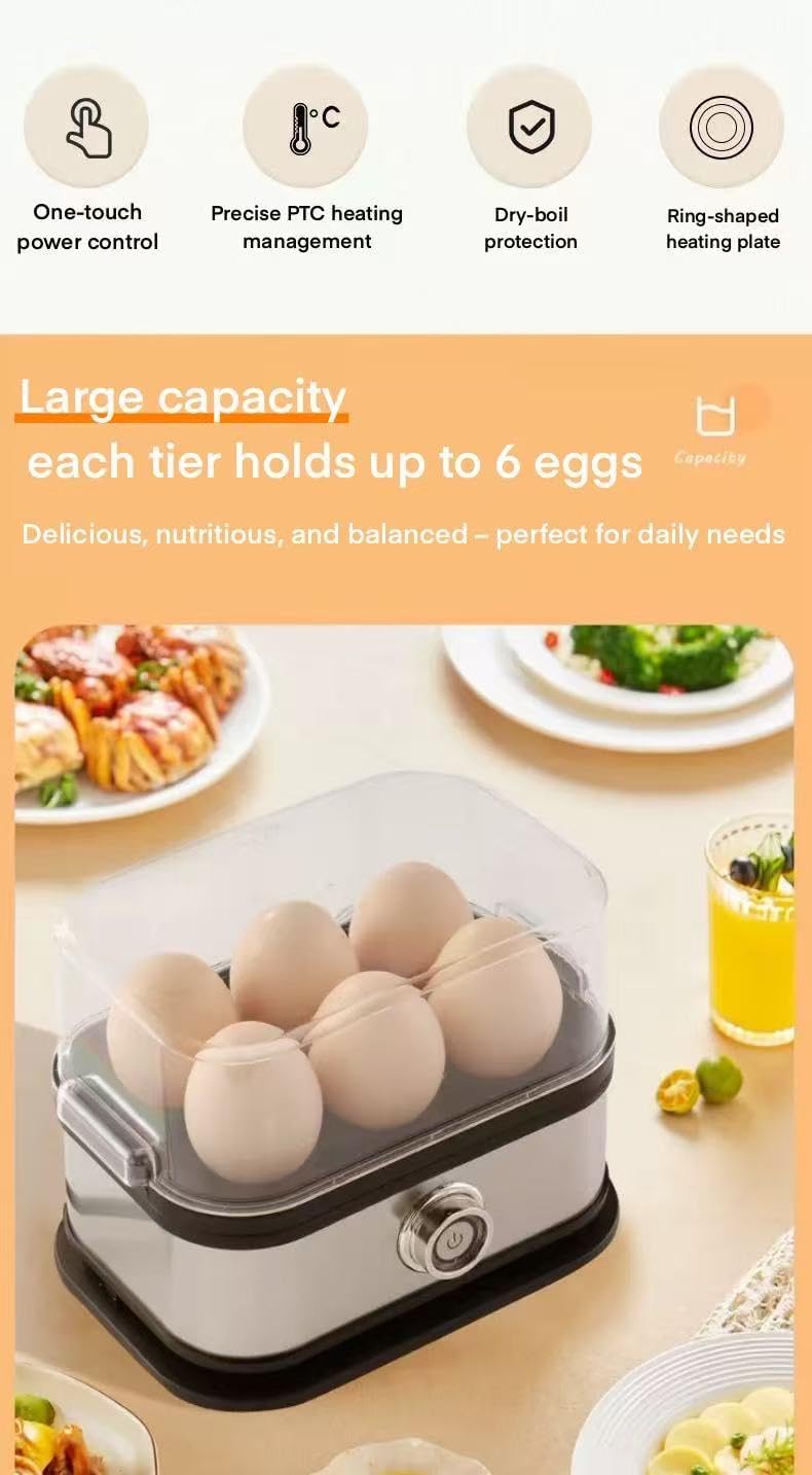 Stainless Steel Rapid Egg Cooker - 6-Egg Capacity Multi-Function, Precise Temperature Control with Auto Shut-Off, View Lid, BPA-Free, for Hard, Soft, Custard Eggs & More
