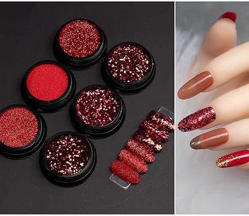 Miniatura 4 de 6 piezas de polvo de uñas rojas con purpurina polvo de uñas cromado rojo 3D holográfico de cristal de diamante para el día de San Valentín Año Nuevo