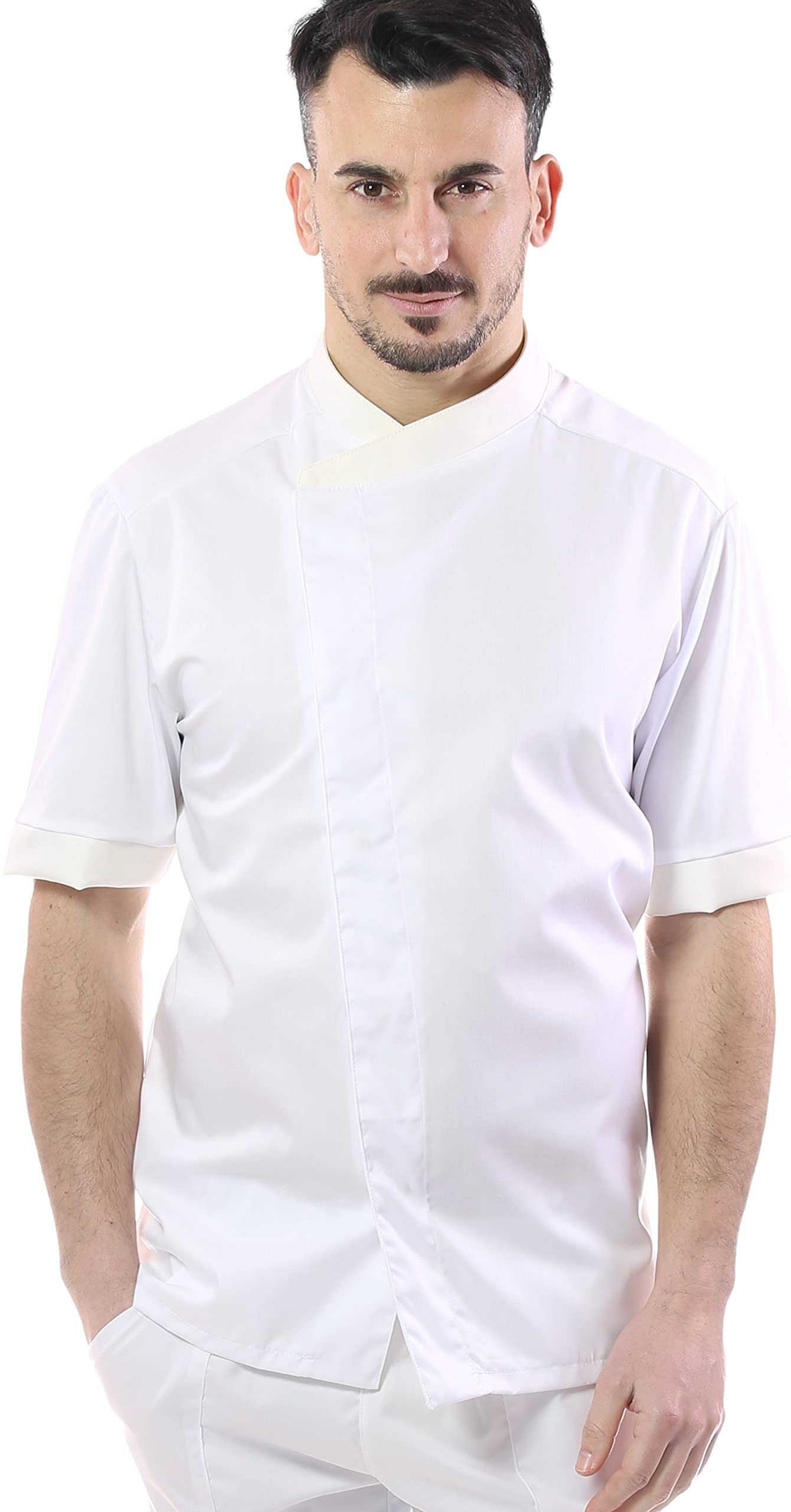 Bordado Gratuito Completo Cocinero Hombre Uniforme Chef Jessi Blanco y Crema Personalizable Manga Corta Chaqueta, Pantalones y Delantal Uniforme para Cocina y Restaurante,