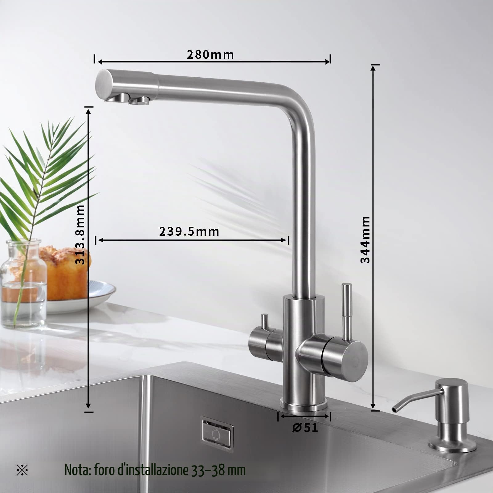 CECIPA PURE-I Rubinetto da cucina a 3 vie, Miscelatore per lavello con due uscite d'acqua: acqua filtrata e acqua calda/fredda - Beccuccio orientabile a 360° in acciaio inossidabile 304 spazzolato