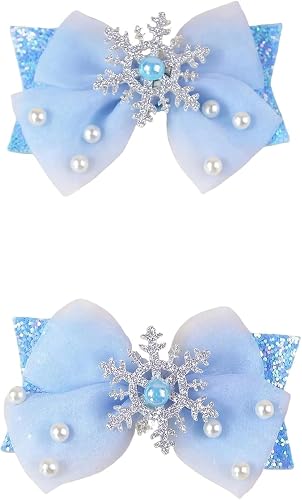 Blue Glitter Hair Bow Clips with Snowflake and Pearl Embellishments for Girls, 3.54 Inch Alligator Barrettes, 2 Pack