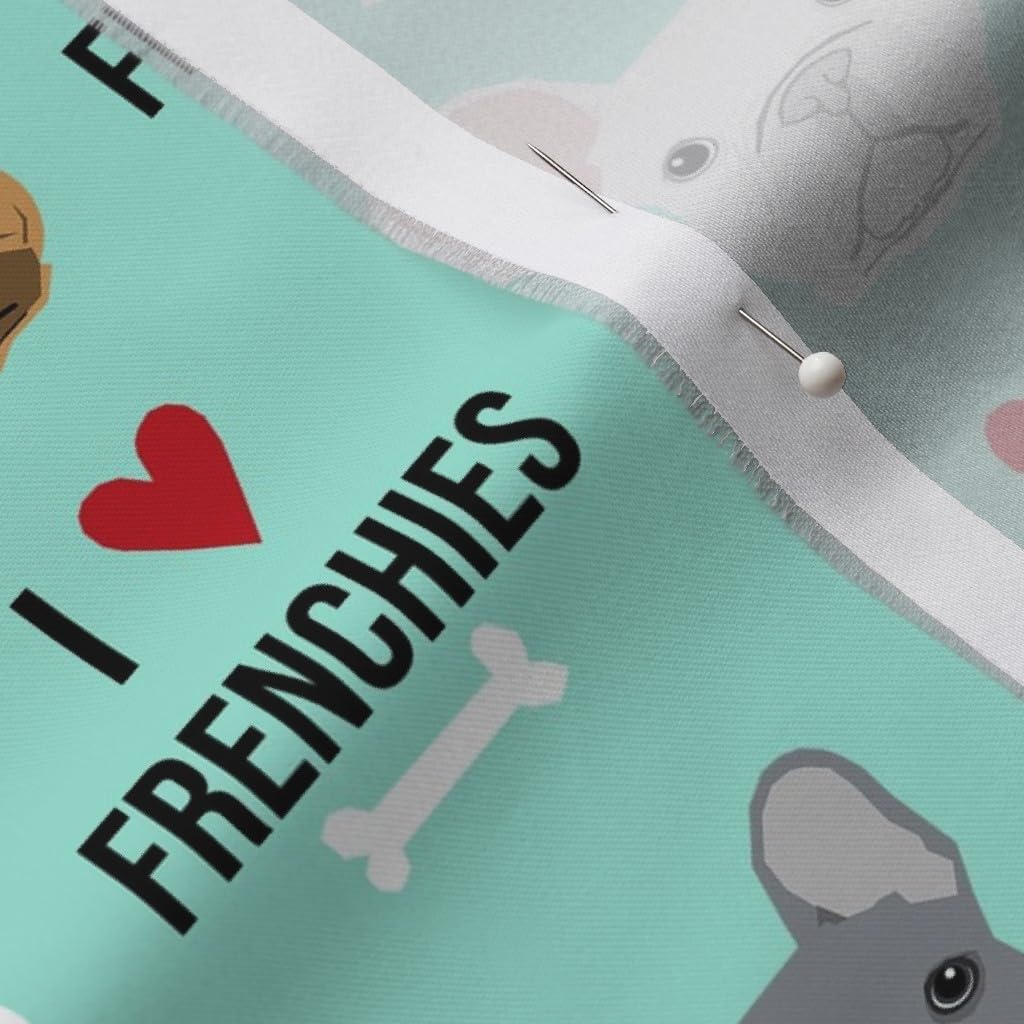 Spoonflower Fabric - Frenchie, Dog, Love, French Bulldogs, Aqua, Bulldog, Pet Printed on Organic Cotton Sateen Fabric by The Yard - Sewing Quilting Apparel Home Decor