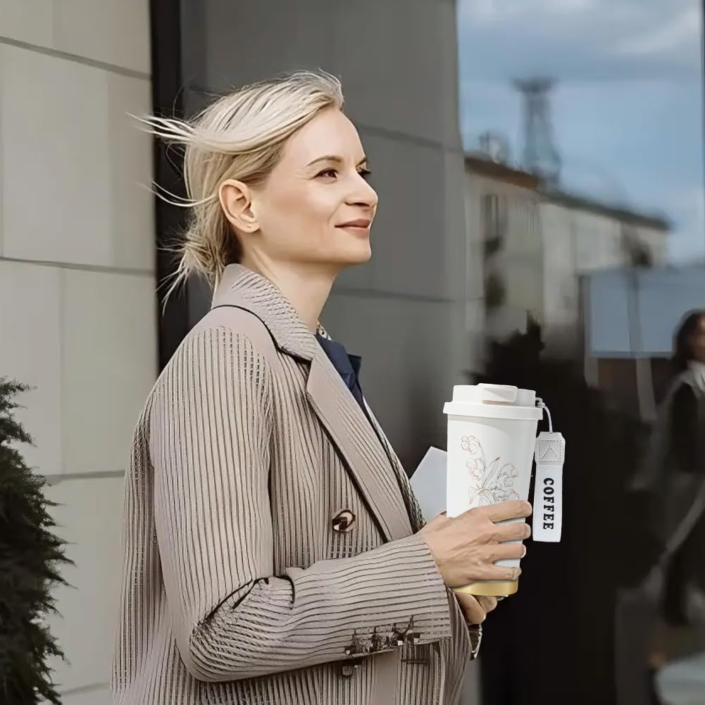 LUVDECO Termiczny kubek do kawy wielokrotnego użytku, 500 ml, izolowany, z szczelną pokrywką, kwiatowy kubek podróżny ze szczotką do czyszczenia marchwi, ze stali nierdzewnej 316, kubek termiczny do
