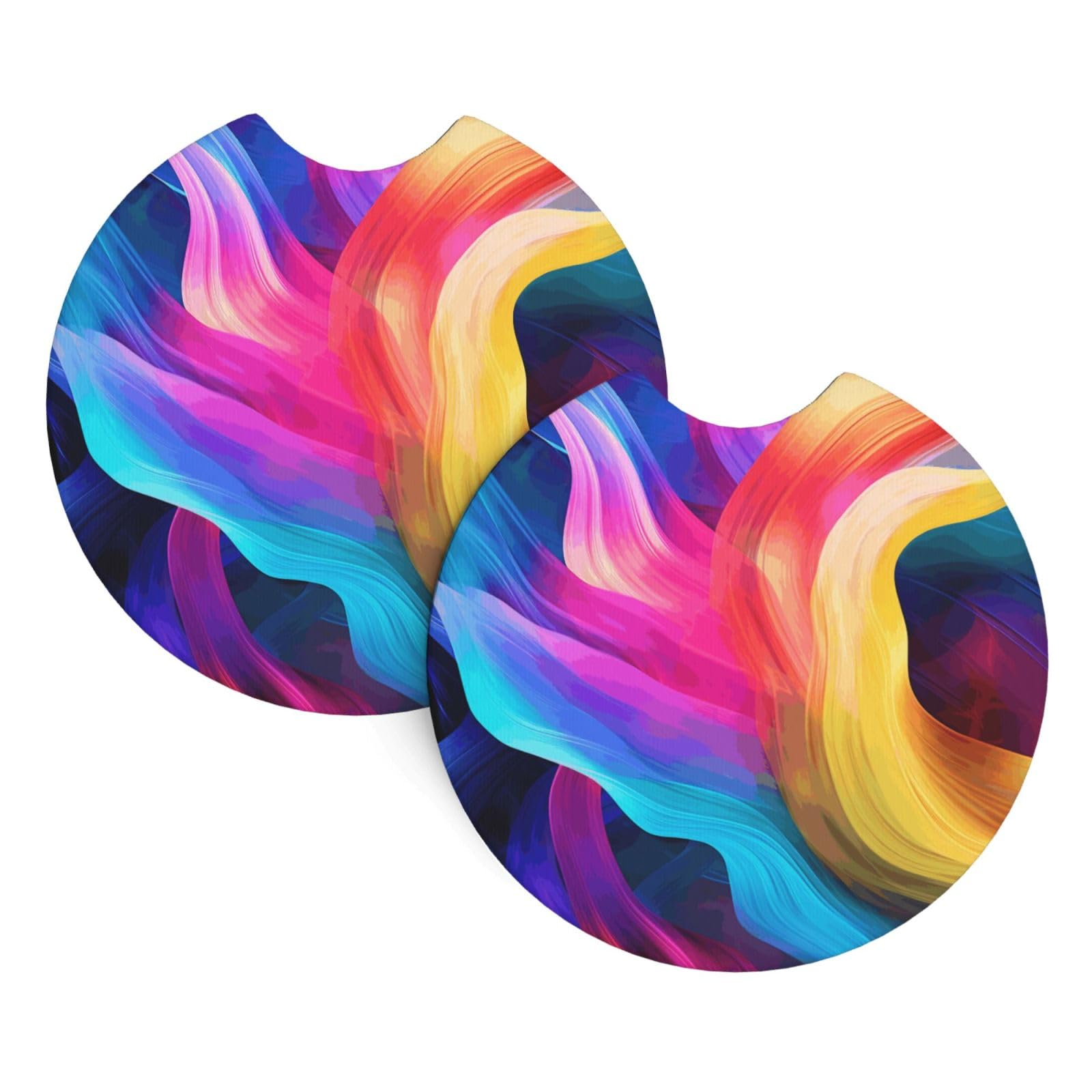 2PCS Car Coaster for Cup Holders Universal Auto Cup Mat Colorful Waves Cup Coaster Pad 2.7" Waterproof Neoprene Non-Slip Cup Holder Coasters Car Interior Accessories for Women Men