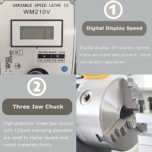 Miniatura 6 de INTSUPERMAI Mini torno de metal de 7 x 12 pulgadas, torno de metal con velocidad variable de 50-2500 rpm, torno de trabajo de metal con portabrocas