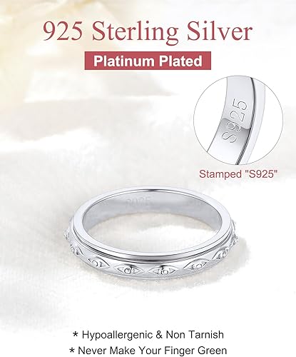 Miniatura 4 de FOCALOOK Anillo giratorio de plata de ley 925 para la ansiedad para mujeres en relieve, mal de ojocelta, anti estrés, anillo giratorio tamaño 5-12
