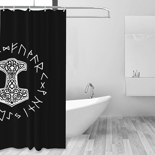Miniatura 6 de Mjolnir and Rune Wheel Norse Mythology Symbol Bathroom Fabric Shower Curtain with 12 Buckles and Hooks, 60x72 Inches Black