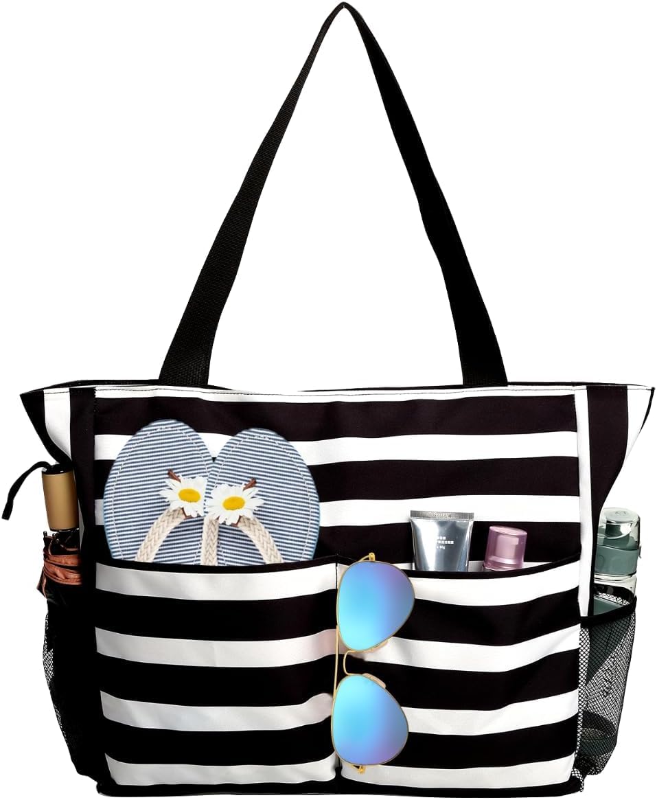 hirta Roof Tote Bag for Women Office Work Multipurpose Shoulder Bag with Zipper Pocket Teacher Travel Grocery Beach Hobo Bag Waterproof Sandproof Lightweight Pool Bag(Bolt Black)-picture-23