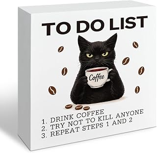 Funny Black Cat Sign, To Do List Coffee Sign for Table Decor, Rustic Wooden Box Plaque, Sarcastic Coffee Decor for Kitchen Cafe Desk Tabletop, 5.1 x 5.1 Inches