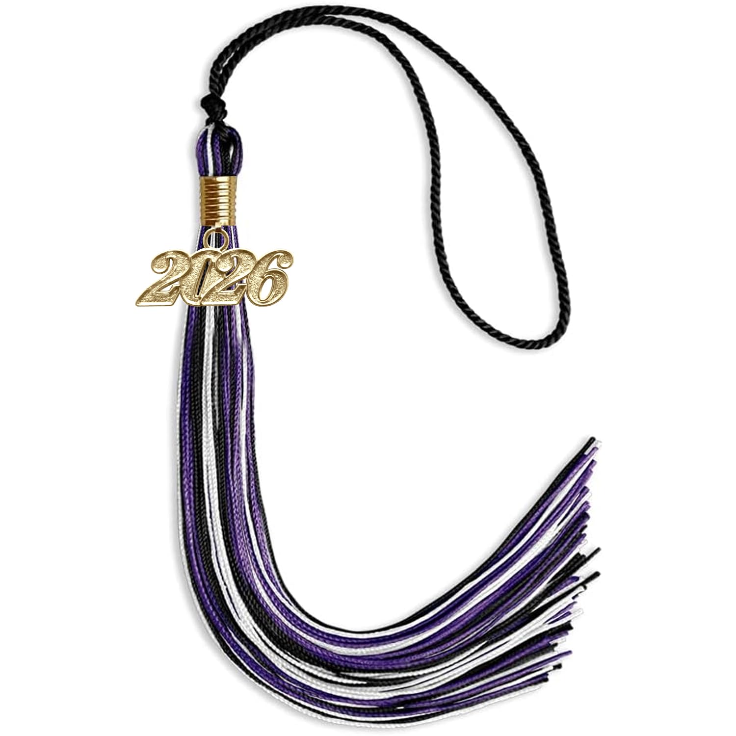 Pompon tricolore diplômé 2026 noir violet blanc avec breloque date dorée