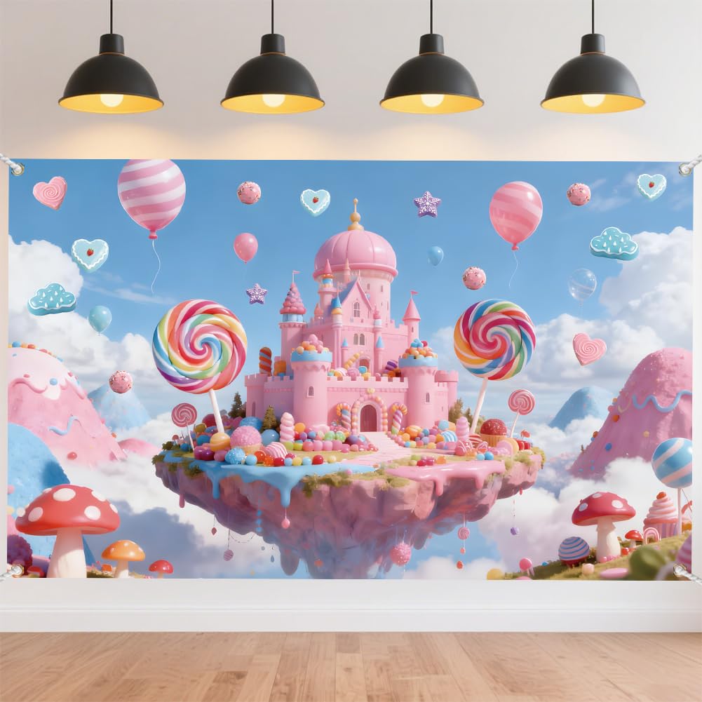 CRAFTYMELODY Candy-land Backdrop 72×44 Inch Sweet Candy Banner Backdrop Pink Castle Wall Banner Photo Booth Indoor Outdoor with Grommets 3.2 Yard String for Princess Birthday Party Decoration Supplies — image 1