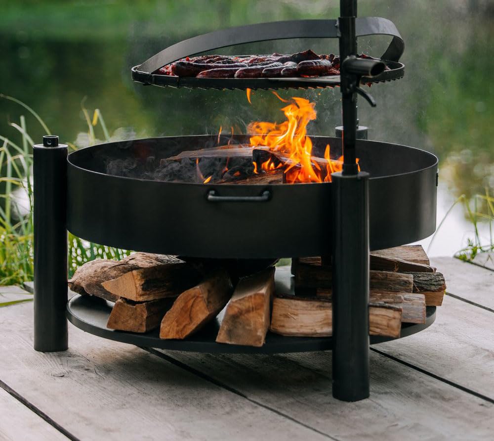 CookKing Feuerschale Montana X 60 mit Holzlager und Zubehör aus Rohstahl Ø 60 cm handgeschweißt wetterfest inklusive Grillrost und Befestigungsmast für Garten Terrasse Outdoor