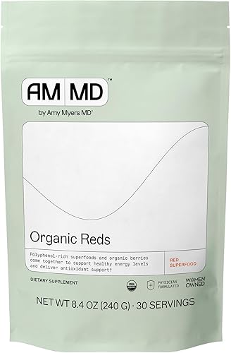 Amy Myers MD Organic Reds Superfood Powder - Apoya la energía celular, la circulación y la defensa antioxidante, raíz de remolacha, aronia,