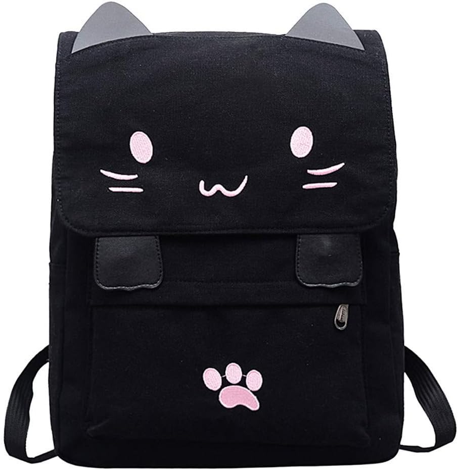 Japanese Style Cute Cat School Bag Backpack Daily Traval Daypack for Teen Girls (Black-Pink)