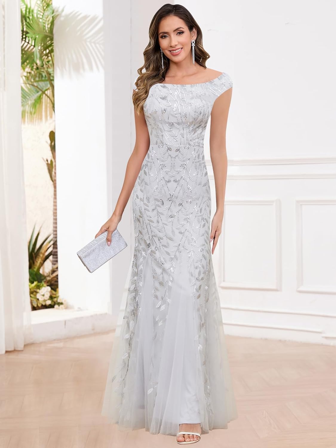 AIHKO Off The Shoulder Sequin Mother of The Bride Dresses for Wedding Long Tulle Mermaid Evening Formal Dress - Image 2