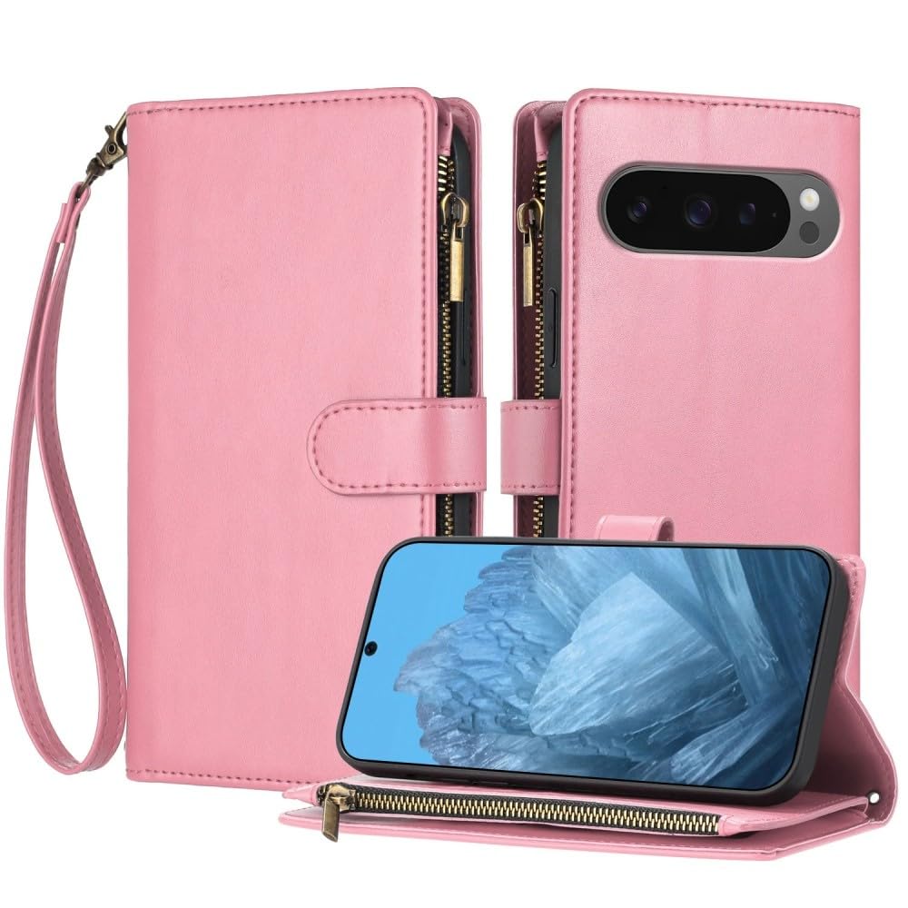 Étui Google Pixel 8 cuir rose : pochette portefeuille à rabat avec zip de rangement
