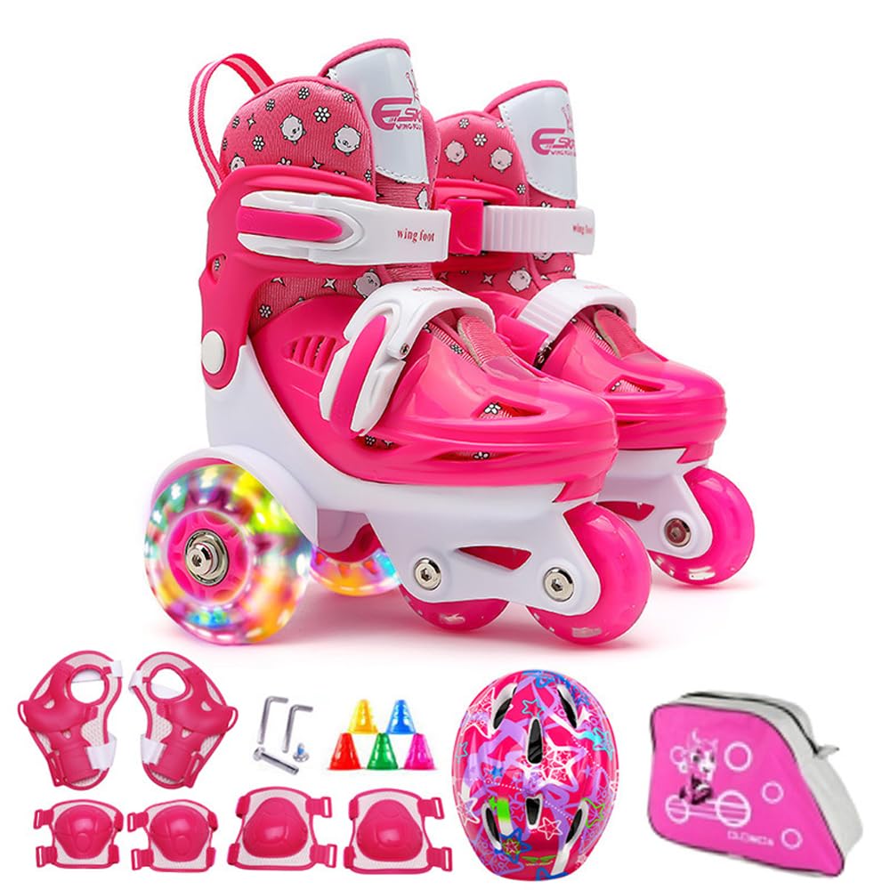 Roller Skates Set Flash Skating Shoes Kids Beginner Roller Skating Shoes Set Children Skates with Kneepad Elbow Pads Helmet Roadblock Backpack Roller Skates
