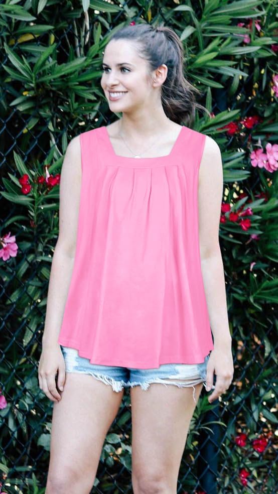 Womens Tank Tops Summer Square Neck Pleated Sleeveless Top Casual Loose Fit Basic Shirts - Image 4