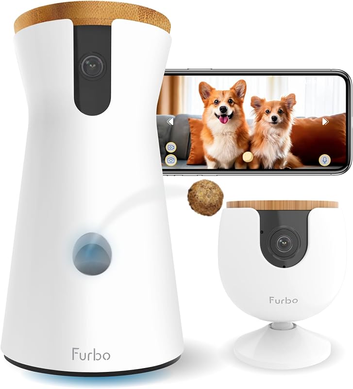 Cámara para perros Furbo 360° + Mini [se requiere nueva suscripción en la configuración] Paquete de 2 cámaras Suscripción para niñera: alertas de seguridad para perros y del hogar, cámara para mascotas con parlante, aplicación para teléfono y visión nocturna