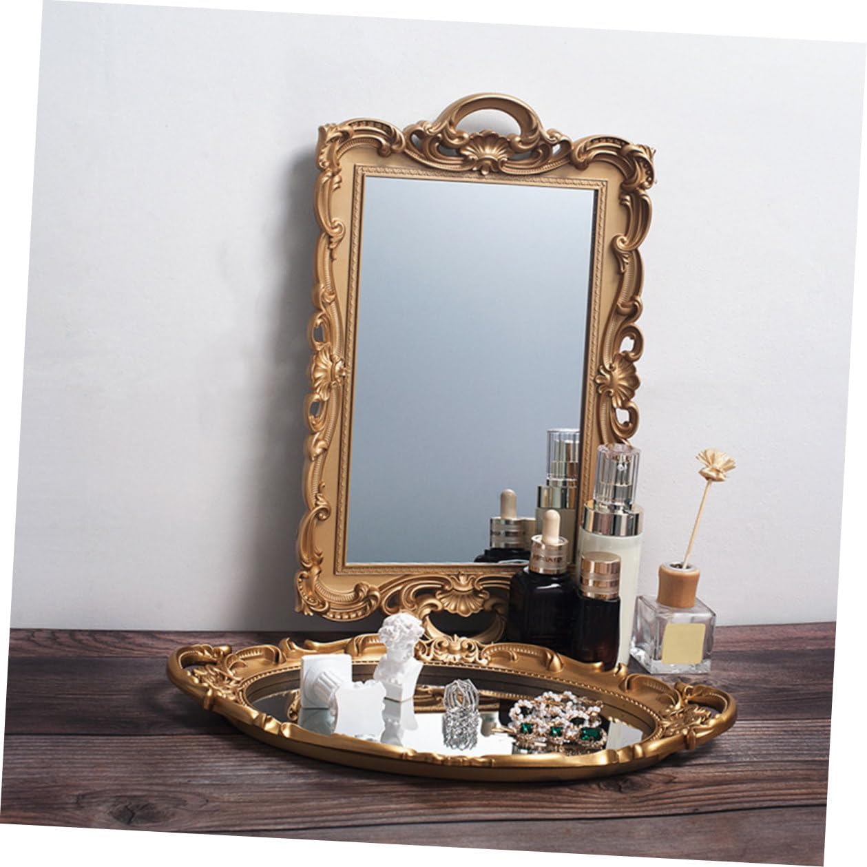 Vintage European Style Mirror Tray for Cosmetics Storage, Golden Rectangular Decorative Organizer Plate, Perfume Display Photo Prop for Home Décor and Vanity