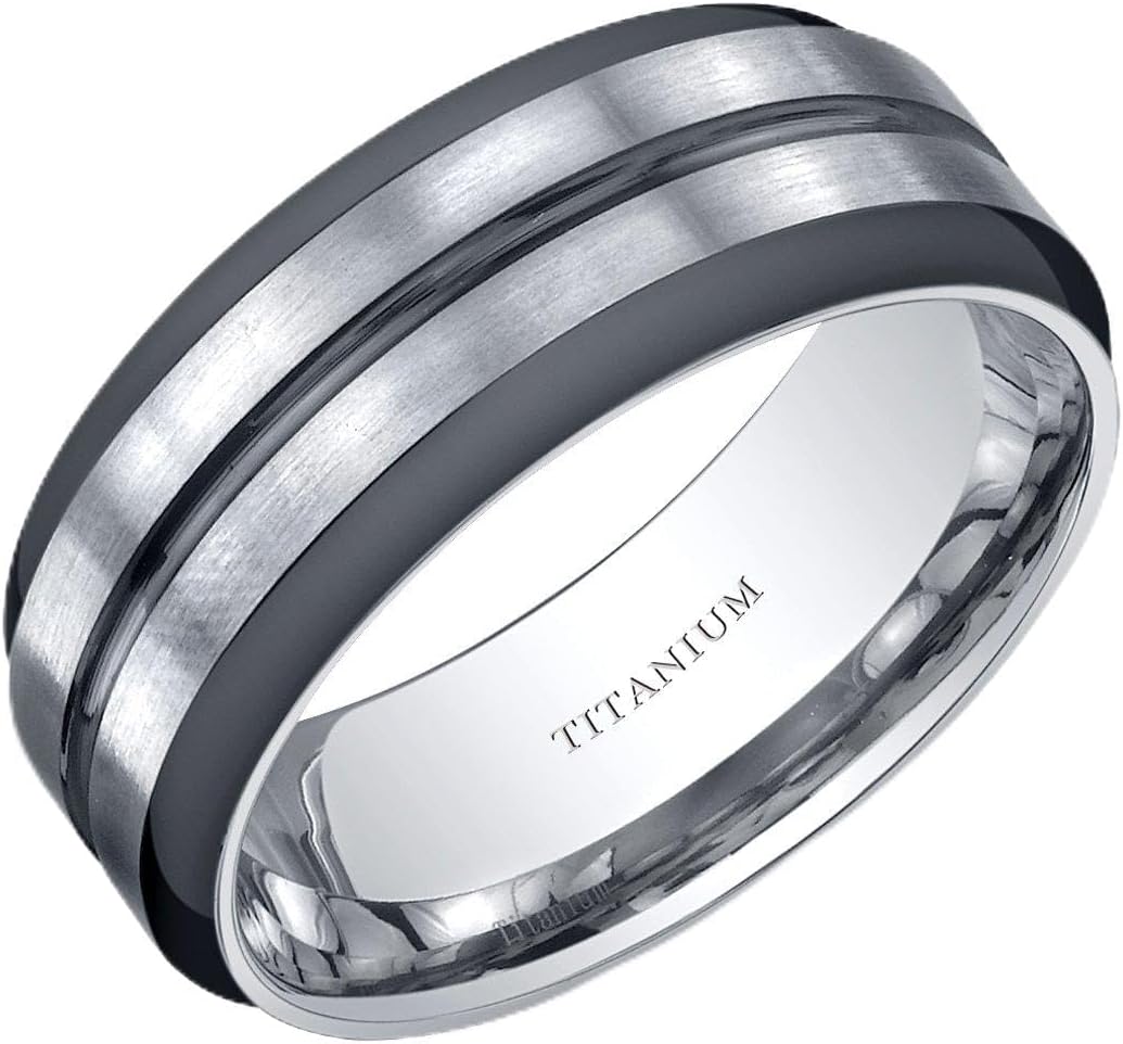 PEORA Designer Two-Tone 8mm Men's Genuine Titanium Wedding Ring Band, Comfort Fit, Sizes 8 to 13