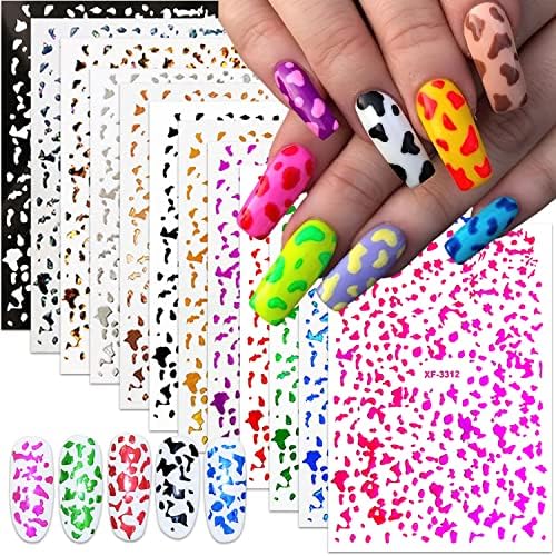 12 Sheets Leopard Print Nail Art Stickers 3D Self-Adhesive Laser Leopard Print Nail Decals Pink Black Leopard Design Nail Supplies Colorful Animal Nail Stickers for Women Girls Nail Art Decoration