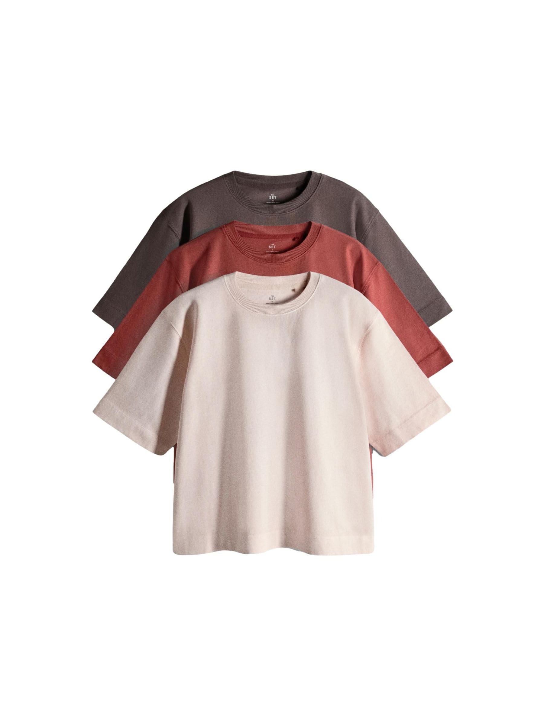 THE SET Damen Kurzarm-T-Shirts mit Rundhalsausschnitt und Stückwaschung, 3er-Pack
