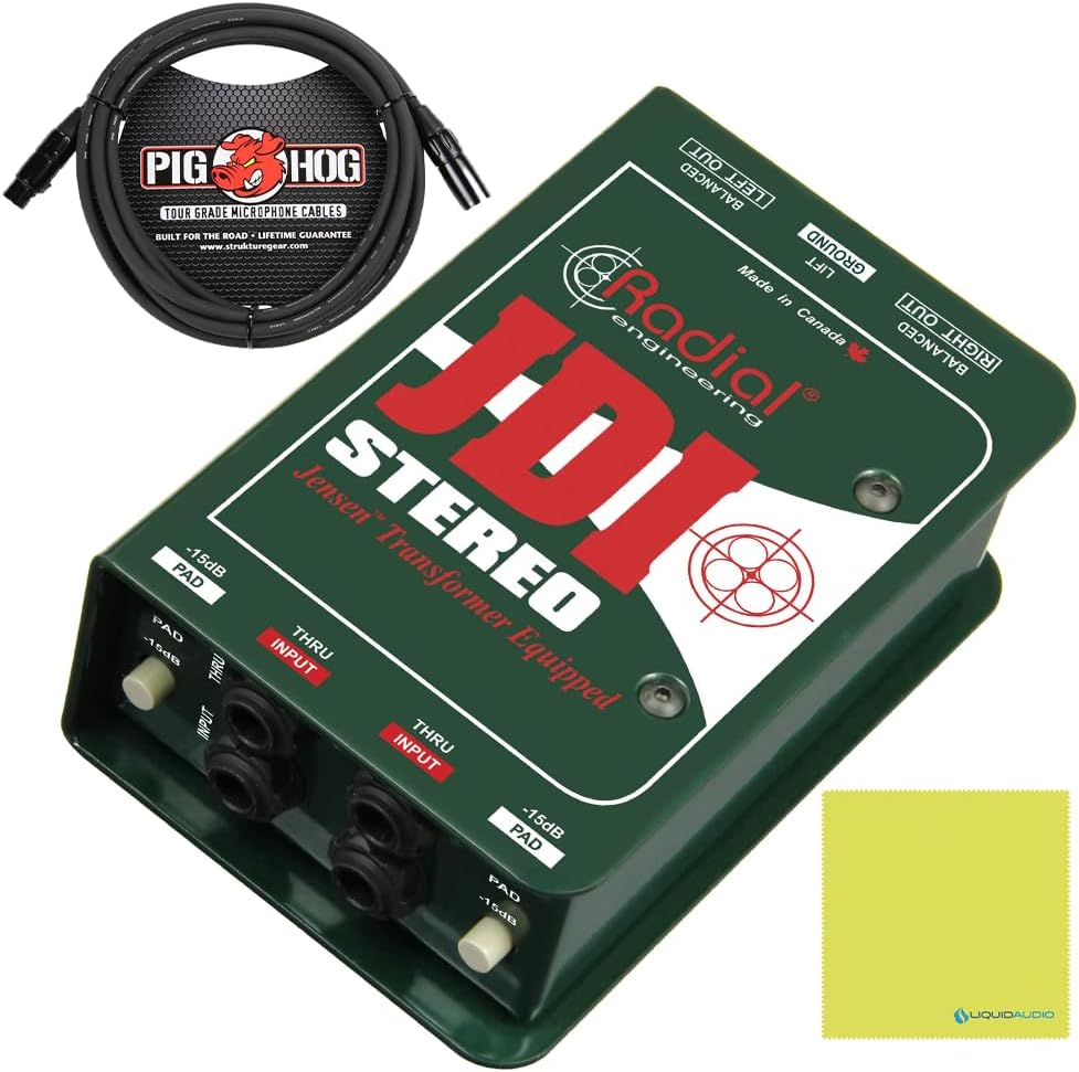 Radial Engineering JDI Stereo Premium Stereo Passive Direct Box Bundle w/Pig Hog Mic Cable and Liquid Audio Polishing Cloth