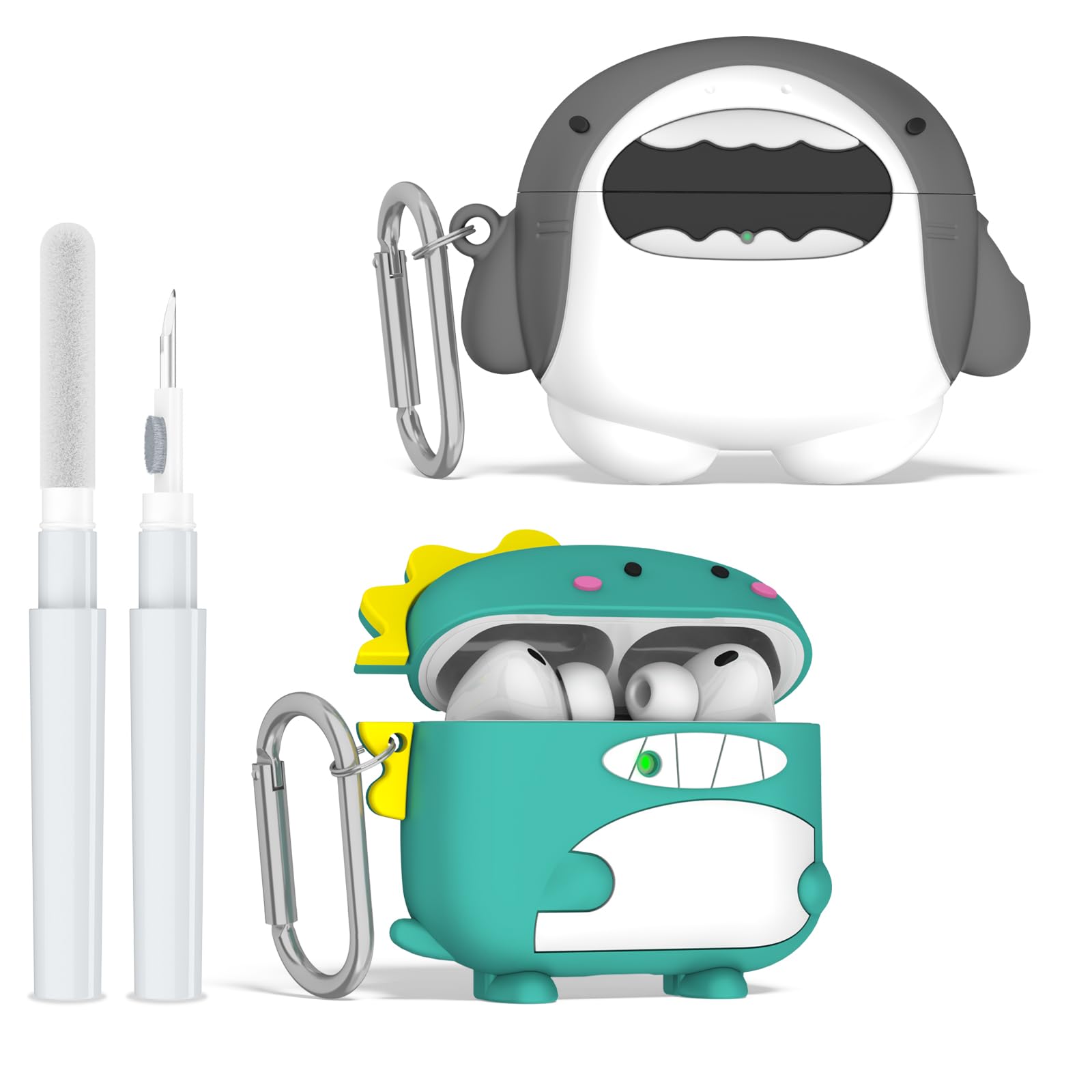 [2 Pack] Cute Case for AirPods Pro 3 (2025), 3D Cartoon Funny Airpod Pro 3 Case Kawaii Design Silicone Cover Compatible for Airpods pro 3rd Generation with Keychain/Cleaner Kit (Shark + Dinosaurs)