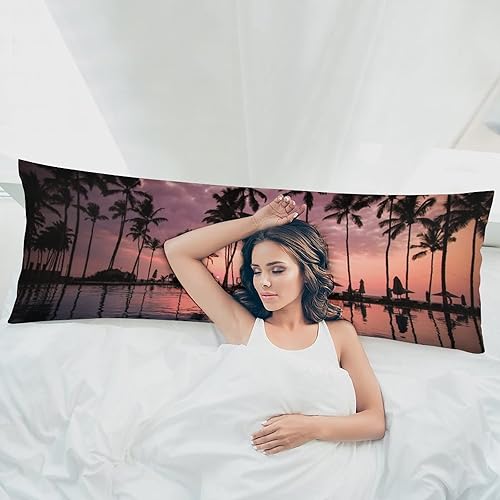 Miniatura 5 de Funda de almohada corporal con palmeras de puesta de sol y playa, decorativa, funda de almohada larga con diseño de palmeras, funda de almohada