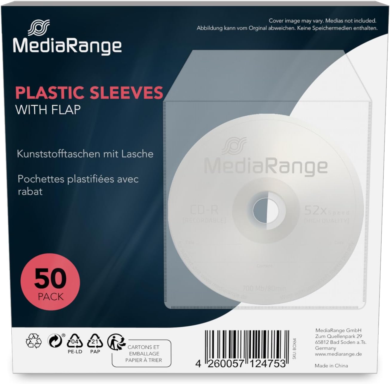 MediaRange torby plastikowe na 1 płytkę, z nakładką, przezroczyste, opakowanie 50 sztuk