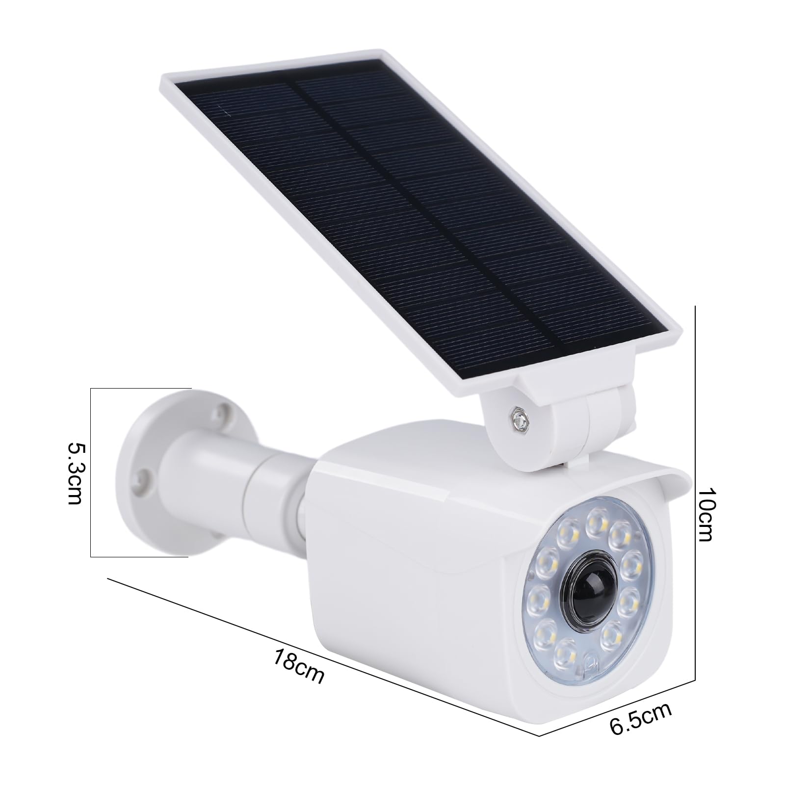 Lampes solaires d'extérieur avec détecteur de mouvement Lampes solaires LED avec caméra factice Caméra de surveillance factice 360° Panneau solaire pivotant à 120° 5V/1.5W 2200mAh IP65 Blanc.