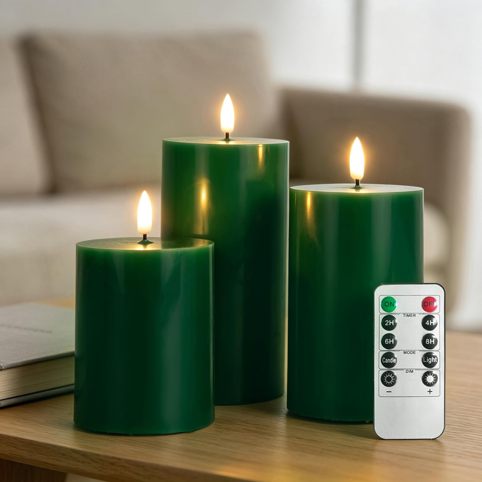 RosMank 3 Set LED Candles, Indoor & Outdoor Candles with 10-Key Remote Timer Control, Flameless, with Flickering Flame, Smooth Real Wax, Decoration for Christmas, Birthday, Wedding, Party, Green