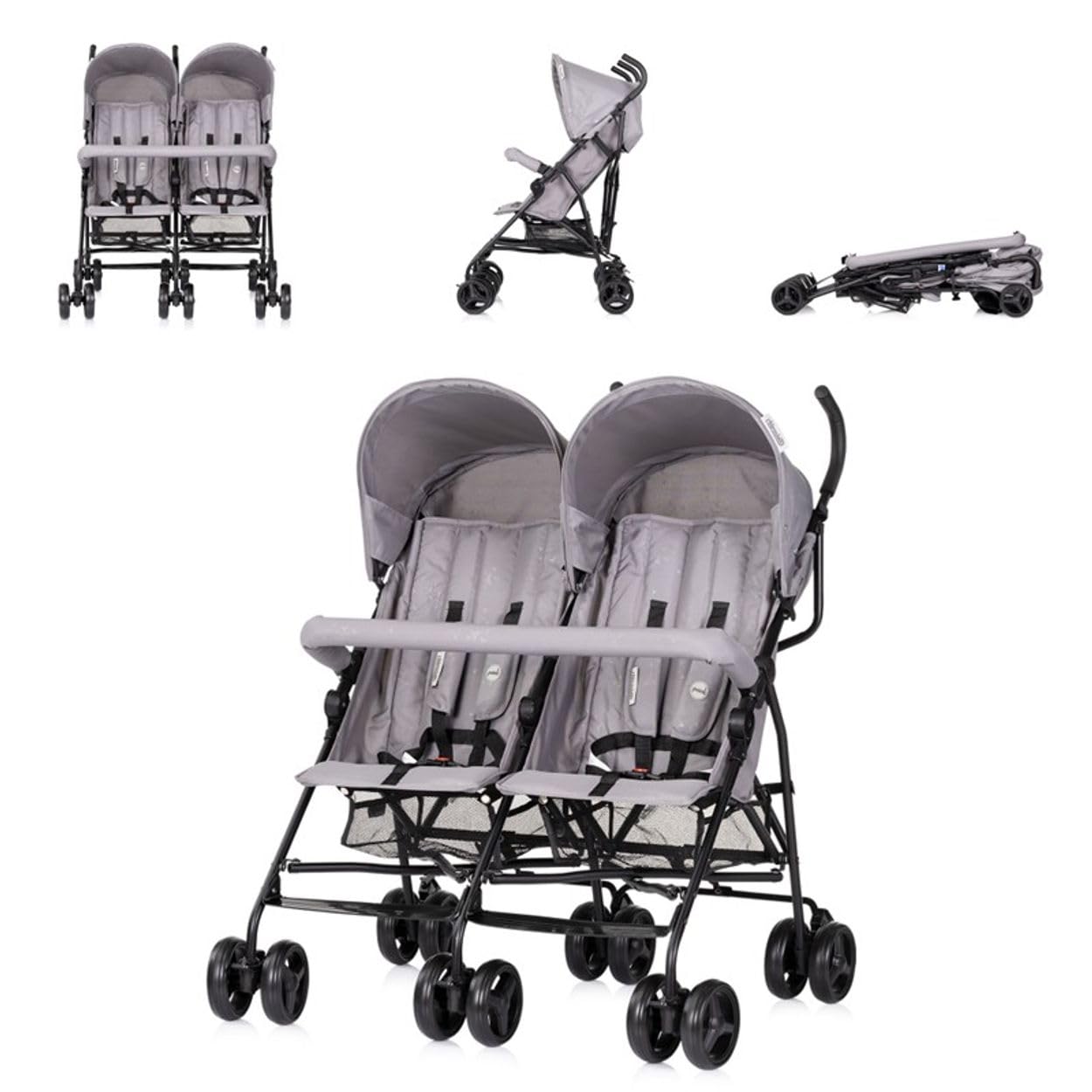 Chipolino Passeggino gemellare Double Point pieghevole, cestino parasole anteriore, grigio